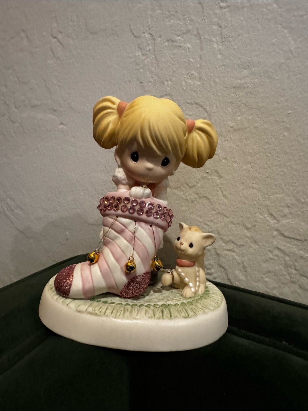 Precious Moments Pink and White Stocking Figurine with Kitten
